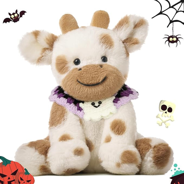 Hopearl Adorable Halloween Plush Cow Toy with Knitted Cute Ghost Bib Floppy Dairy Cattle Soft Stuffed Animal Gifts for Boys Girls Kids Toddlers, Light Brown, 9''
