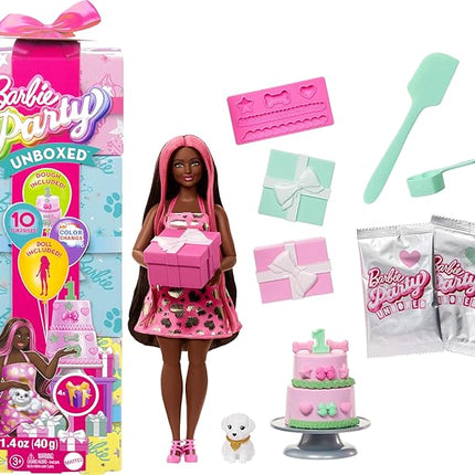 Barbie Party Unboxed Doll & Accessories, Pet Birthday Series Shimmerin’ Hearts Set with 10 Surprises Including Color Change & Cake-Decorating Activity