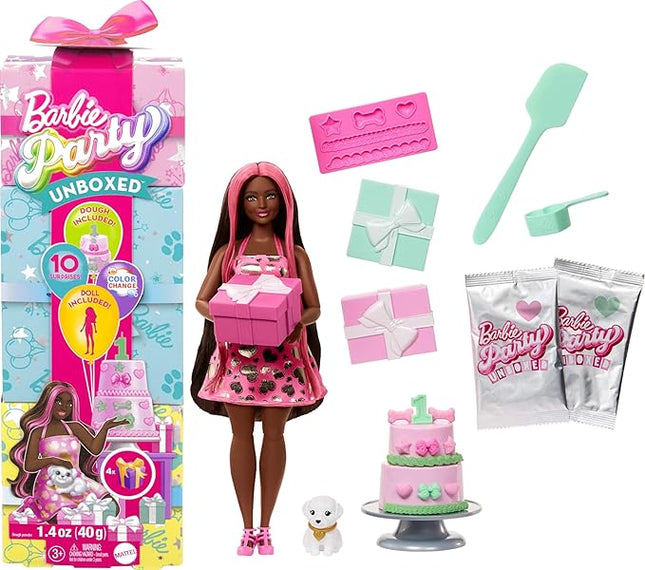 Barbie Party Unboxed Doll & Accessories, Pet Birthday Series Shimmerin’ Hearts Set with 10 Surprises Including Color Change & Cake-Decorating Activity