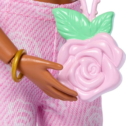 Barbie Deluxe Style Doll #12 in Pink Denim Crop Top with Matching Rose Print Flare Jeans, Wavy Brown Hair, Accessories Like Rose Handbag and Jewelry