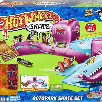 Hot Wheels Skate Octopus Skatepark Playset with Tony Hawk Fingerboard & Pair of Removable Skate Shoes, Includes Storage
