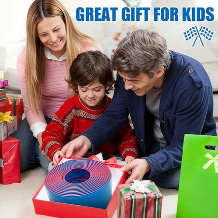 Flexible Race Track Toys for Kids, 15 Ft Double Lane Racetrack with 4 Cars & Suction Cups, Compatible with Hot Wheels & 1/64 Diecast Cars, Portable Roll Up Car Ramp Track Set for Ages 3+(Blue & Red)