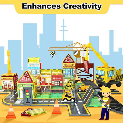 60pc Magnetic Tiles Road Set with 2 Cranes, Creative Construction Toys for Kids Ages 3-12, Boys & Girls, Dentist & Engineering Themed Building Blocks