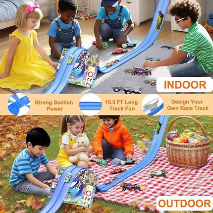 Flexible Race Car Track for Kids, 16.5 Ft Long Bendable Racetrack with Suction Cups, Compatible with Hot Wheels and 1:64 Diecast Cars, Portable Montessori STEM Toy for Boys & Girls (Racing Blue)
