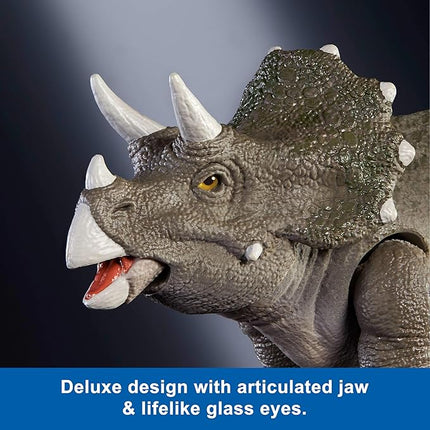Mattel Jurassic World Hammond Collection Dinosaur Action Figure Toy, Juvenile Triceratops Premium Movie Design with Glass Eyes & 14 Points Articulation