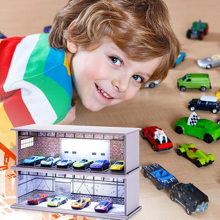 2 Pcs Display Case for Toy Car Garage with LED Light Stackable 1/64 Scale Diecast Toy Cars Garage for Maximum 58 Model Car Display and Storage(Red Bricks)