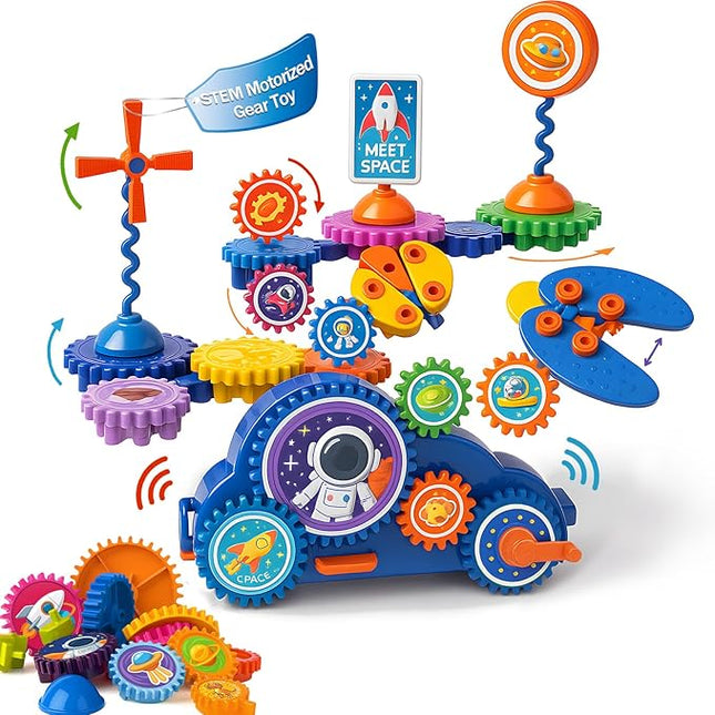 Motorized Spinning Gear Building Toys for Kids, Space Rocket STEM Construction Set, Educational Interlocking Building Blocks Puzzle | Gear Toys for Toddlers Ages 3-8