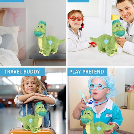 DolliBu Green Dinosaur Doctor Plush Toy - Super Soft Dinosaur Doctor Stuffed Animal Dress Up with Cute Face Mask and Cap Outfit - Gift for Doctor, Nurse, Surgeon - 10 Inch