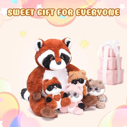 IKASA Mommy Raccoon Stuffed Animal Mom and Baby Plush Toy, Cute 12.5" Soft Mama Family Set with Little Mini Babies,Gifts for Kids
