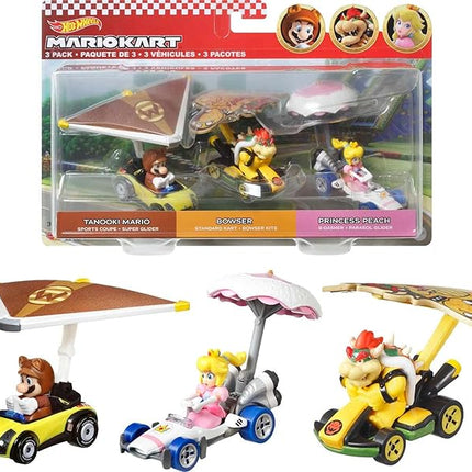 Hot Wheels Mario Kart Vehicle 3-Pack Set of Toy Cars with Gliders Inspired by Tanooki Mario, Princess Peach and Bowser
