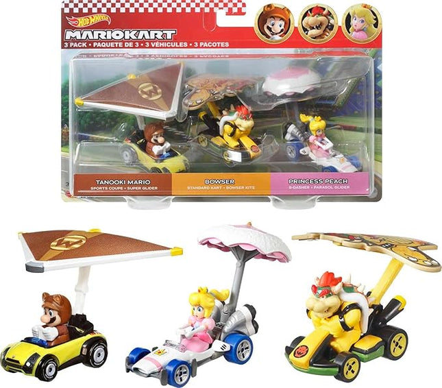 Hot Wheels Mario Kart Vehicle 3-Pack Set of Toy Cars with Gliders Inspired by Tanooki Mario, Princess Peach and Bowser