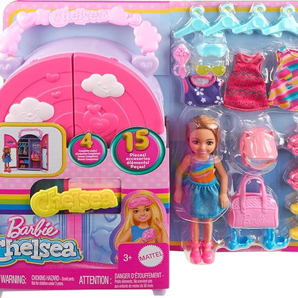 Barbie Chelsea Doll & Closet Toy Playset with 15 Pieces Clothes & Accessories Included, Foldable Set for On-The-Go Play & Storage