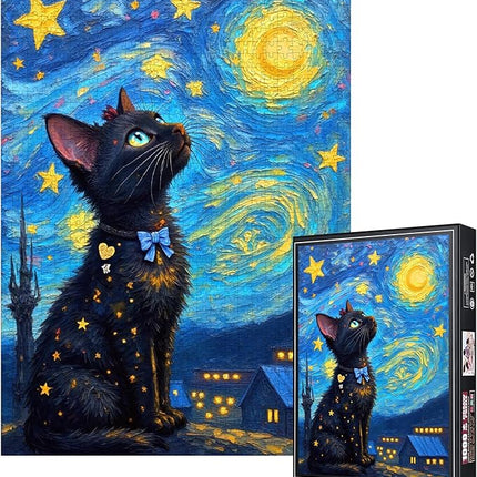 1000pcs Jigsaw Puzzle - Starry Night with Black Cat, Challenging Brain Teaser for Adults & Families, Scratch-Resistant Paper Puzzle, Ideal DIY Decor, Adult Puzzles Starry Night Design