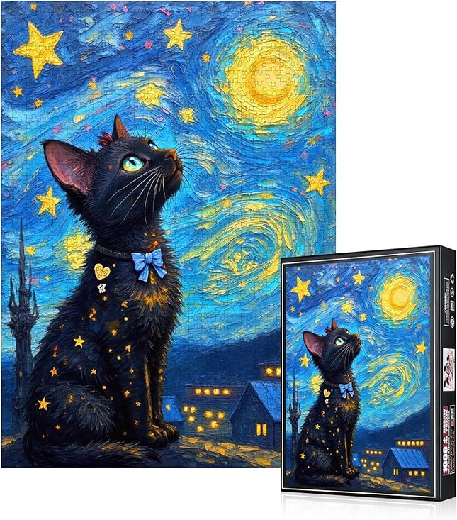 1000pcs Jigsaw Puzzle - Starry Night with Black Cat, Challenging Brain Teaser for Adults & Families, Scratch-Resistant Paper Puzzle, Ideal DIY Decor, Adult Puzzles Starry Night Design