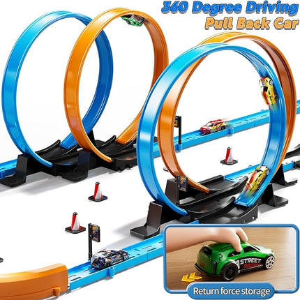 Toy Car Track Set for Boys Kids Age 3-5 4-7 8-12, Long Race Tracks with 4 Action Loops and 4 High-Speed Slot Cars, 35+ Pieces of Race Track to Create Multiple Configurations