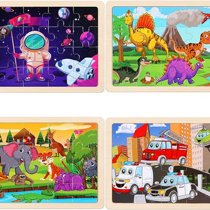 Wooden Puzzles Toys for Kids Ages 3-5, Set of 4 Packs Dinosaur, Space, Transportation Wood Toddler Puzzles, Preschool Brain Teaser Toys for Boys and Girls 2 3 4 5 6 Years Old