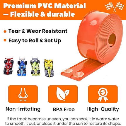 15 Ft Flexible Race Car Track for Kids, Double-Sided Racetrack with Suction Cups, Compatible with Hot Wheels & 1:64 Diecast Cars,Portable Roll Up Track Toy,Gift for Boys Girls Ages 3+ (Orange)