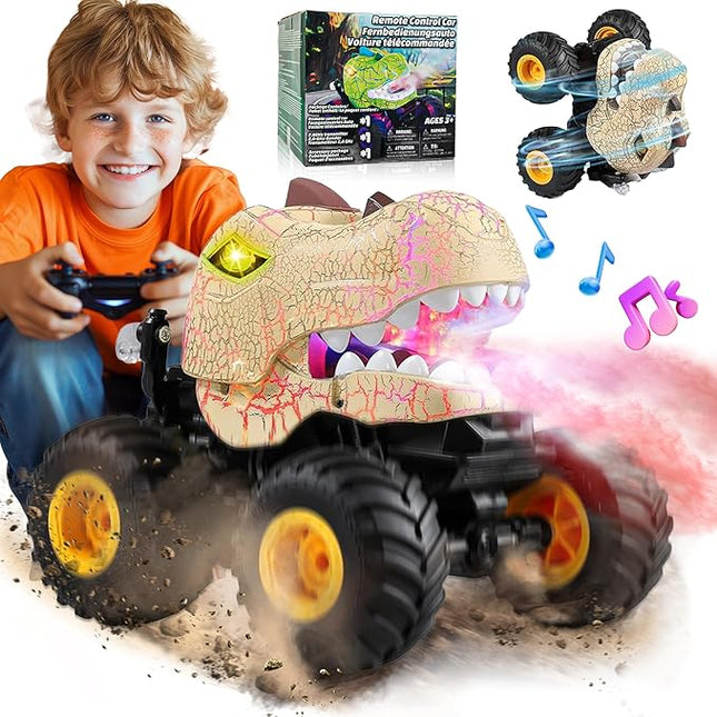 BEZGAR Monster Truck Toys - Remote Control Monster Truck with Spray, Light, Music, Dinosaur Toys for Kids, 1:20 Scale RC Truck with 360° Spins and Drifting, Remote Control Car for Boys 4-7 Golden