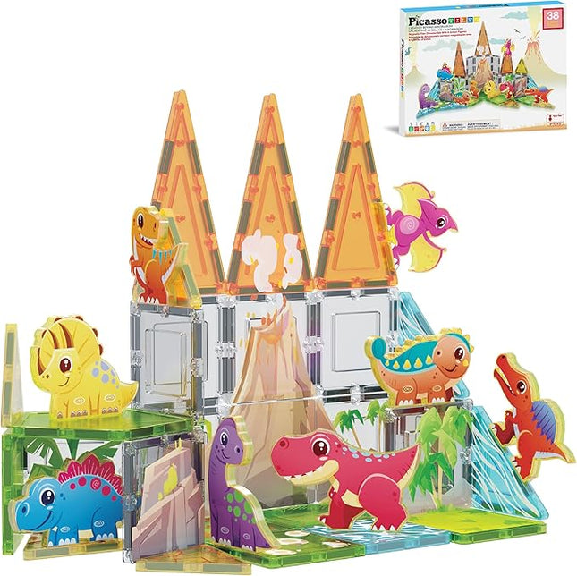 PicassoTiles 38pcs Magnet Tiles Building Blocks Dinosaur Theme Set with 8 Magnetized Action Figures Magnetic Construction Build and Play Toy with Magnets STEM Learning Activities for Toddlers 3+ PTQ13