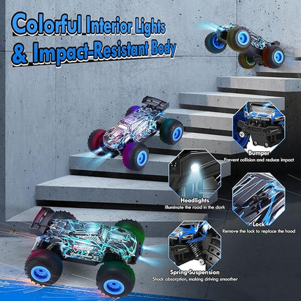 Remote Control Car, 1:18 Scale Rc Cars, All-Terrain RC Truck with LED Light, 20KM/H, Rechargeable, 2WD, 2.4GHz, Sturdy PVC Shell, Remote Control Truck for Boys 4-7 8-12, Beginner