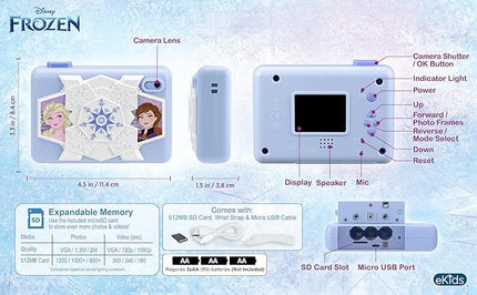 ekids Disney Frozen Kids Camera with SD Card, Digital Camera for Kids with Video Recording, Built-in Digital Stickers (Frozen)