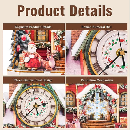 3D Puzzles for Adults Clock-Christmas House Design Model Kit-Mechanical DIY Pendulum Clock with Roman Numerals-Desk Home Office Decor Personalized Gift for DIY Lovers