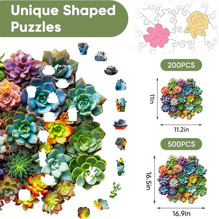Succulent Plants Wooden Puzzles for Adults, 500 Pieces Jigsaw Puzzles, Unique Shaped Medium Size Liberty Wood Puzzle Gift for Adults and Kids, Family Game 16.8'' x 16.5''