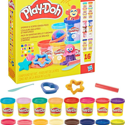Play-Doh Sparkle and Scents Variety Pack of 16 Cans of Modeling Compound and 4 Tools, Arts and Crafts Toy for Kids 3 and Up, Non-Toxic