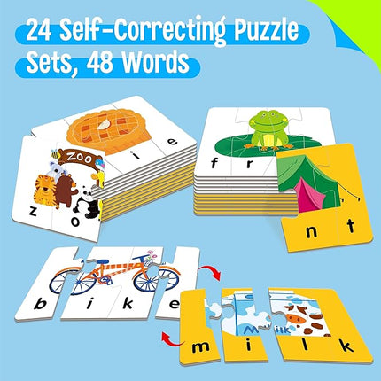 Self-Correcting Spelling Puzzles, Double-Sided Three and Four-Letter Word Spelling Cards with Picture Matching, 48 First Words Learning for Kindergarten Readiness, Preschool Ages 4+