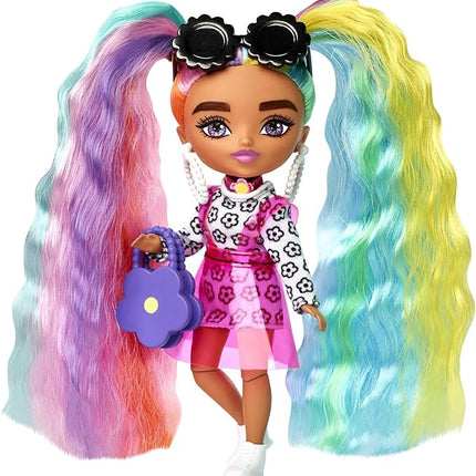Barbie Extra Minis Doll #6 Wearing Flower Print Dress with Rainbow Hair, Doll Stand & Accessories Including Sunglasses & Purse, 5.5-inch