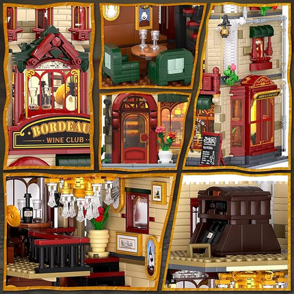 Bordeaux Wine Club Construction Building Set with LED Lights, City Town Winery Chateau House Building Kit, Vintage Collectible Model, Creative Christmas Birthday Gift for Adult Teen,1524 Pcs