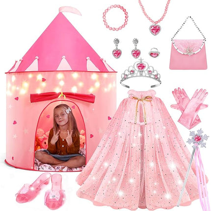 WTOR 15Pcs Princess Castle Play Tent Dress Up with LED Glow in The Dark Stars for Little Girls－Princess Dress Up Cape with Crown,Girl Play Tent/House Toy for Indoor & Outdoor Use (Pink)