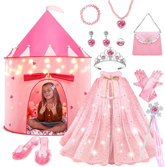 WTOR 15Pcs Princess Castle Play Tent Dress Up with LED Glow in The Dark Stars for Little Girls－Princess Dress Up Cape with Crown,Girl Play Tent/House Toy for Indoor & Outdoor Use (Pink)