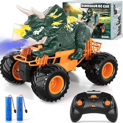 Bennol Remote Control Dinosaur Car for Boys Kids, 2.4Ghz RC Triceratops Truck Toy for Toddlers, Electric Hobby RC Car Toys with Light & Sound Spray for 3 4 5 6 7 8 Year olds Kids Boys Girls