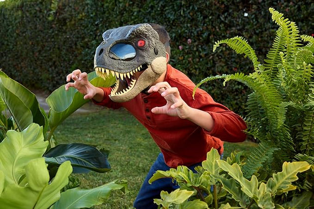 Mattel Jurassic World Rebirth T-Rex Rage N Roar Mask with LED Light Up Eyes, Blink Action with 3 Level Aggression Effect, Dinosaur Costume Headgear Toy