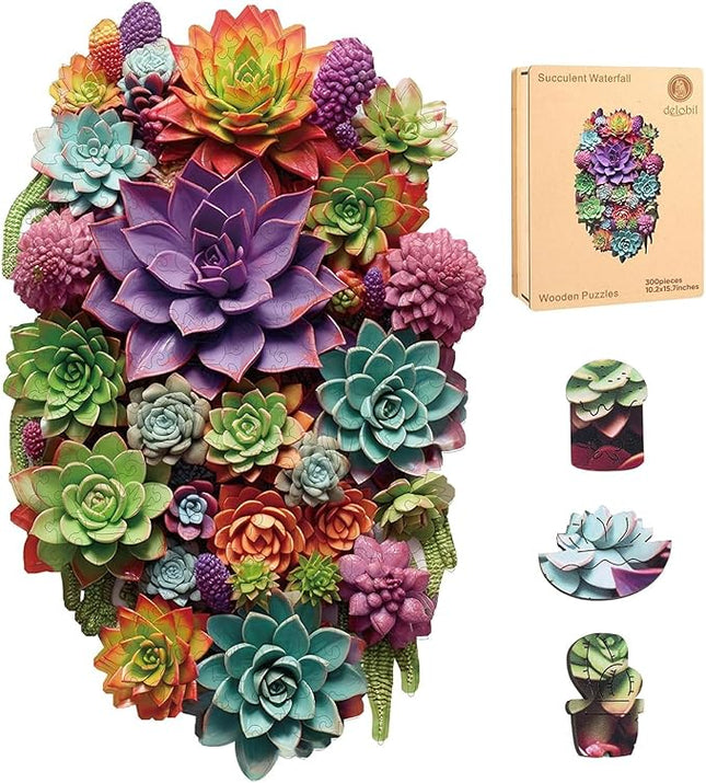 delobil Succulent Waterfall Wooden Puzzles, 300 Pieces Jigsaw Puzzles, Unique Design Liberty Wooden Puzzles for Adults and Kids, Family Game Gift 10.2 x 15.7 Inch