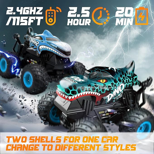 BEZGAR Monster Truck Toys - Remote Control Monster Trucks with Light & Music, Dinosaur Toys for Kids, 1:20 Scale RC Truck with 360° Spins and Drifting, Remote Control Car for Boys with Two Car Shells