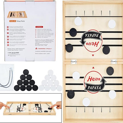 Foldable Fast Sling Puck Game with Chess Board and Checkers Board, Tic Tac Toe. Wooden Air Hockey Family Night,Table Games Gifts for Adults and Kids