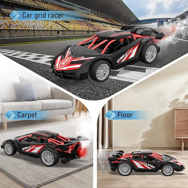 1/18 RC Car for Kids with Rechargeable Battery, LED Lights & Spray - Remote Control Car for Boys, Small RC Drift Cars for Ages 4-7 (Black & Red)
