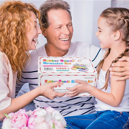 INSCRAFT 17500+ Rubber Loom Bands with 3 Layer Transparent Container, 28 Colors, 600 S-Clips, 352 Beads, 40 Cartoon Pendant, Bracelet Making Refill Kit for Kids