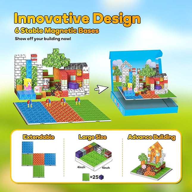 150PCS Magnetic Building Blocks - 6 Big Magnetic Base Building STEM Toys, Magnet Cube Game for Kids, Build Mine Castle Volcano World for Boys Girls Age 3-5 4-8 8-12, Sensory Outdoor Travel Toys Gifts