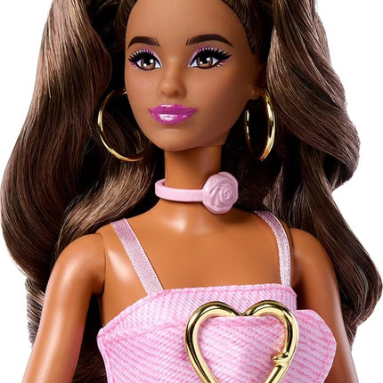 Barbie Deluxe Style Doll #12 in Pink Denim Crop Top with Matching Rose Print Flare Jeans, Wavy Brown Hair, Accessories Like Rose Handbag and Jewelry