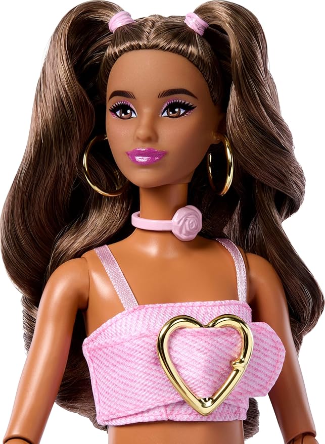 Barbie Deluxe Style Doll #12 in Pink Denim Crop Top with Matching Rose Print Flare Jeans, Wavy Brown Hair, Accessories Like Rose Handbag and Jewelry