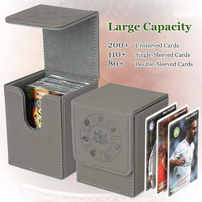 Arkeiliy MTG Deck Box with 50 Pcs Card Sleeve, 110+ Card Storage Leather Deck Box for Magic Commander, Collectible Trading Card Cases for Trading Card Games (Grey)