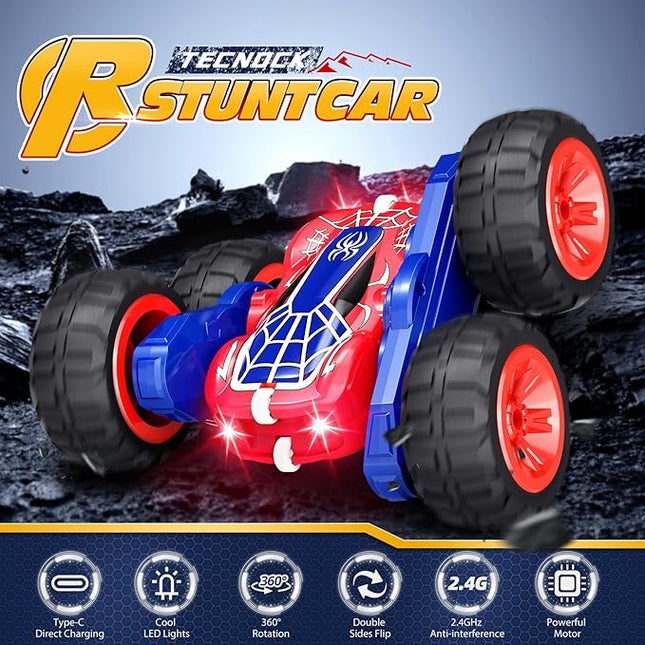 Tecnock Spider Remote Control Car, 2.4GHz RC Cars with USB-C Easy Charging, 4WD Double Sided 360° Rotates & Flips RC Stunt Car, Toys Gift for Boys and Girls Ages 6-8, 8-12