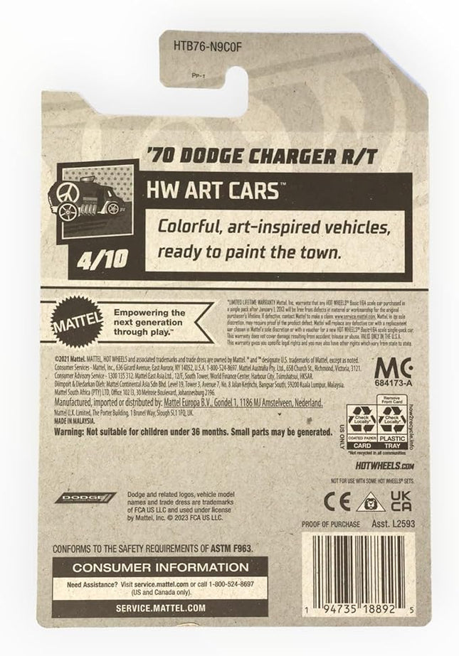 Matchbox Hot Wheels '70 Dodge Charger R/T, HW Art Cars 4/10 [Yellow] 108/250