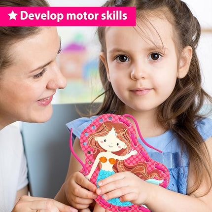 KRAFUN Beginner Mermaid Lacing Card Kit for Kids Arts & Crafts, 5 Easy Mermaid, Animal Lacing Projects, Paper Lace Cards for Toddlers, Fine Motor Preschool Skills Toys