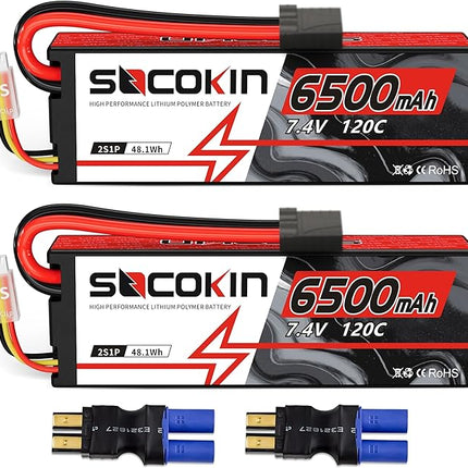 2S Lipo Battery 7.4V 6500mAh 120C Lipo RC Battery with TR Plug + EC5 Adapter Hard Case for RC Car RC Truck Airplane Helicopter Boat Car Racing RC Hobby