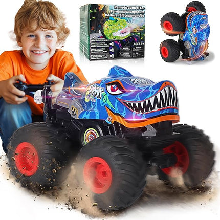 BEZGAR Monster Truck Toys - Remote Control Monster Truck with Light & Music, Dinosaur Truck for Kids, 1:20 Scale RC Truck with 360° Spins and Drifting, Remote Control Car for Boys 4-7 BlueShark