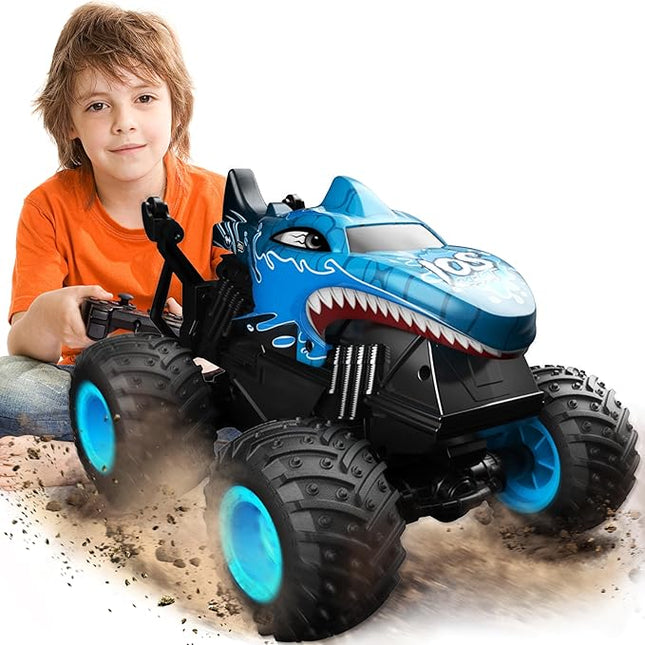 BEZGAR Monster Truck Toys - Remote Control Monster Truck with Light & Music, Dinosaur Toys for Kids, 1:20 Scale RC Truck with 360° Spins and Drifting, Remote Control Car for Boys (Blue)